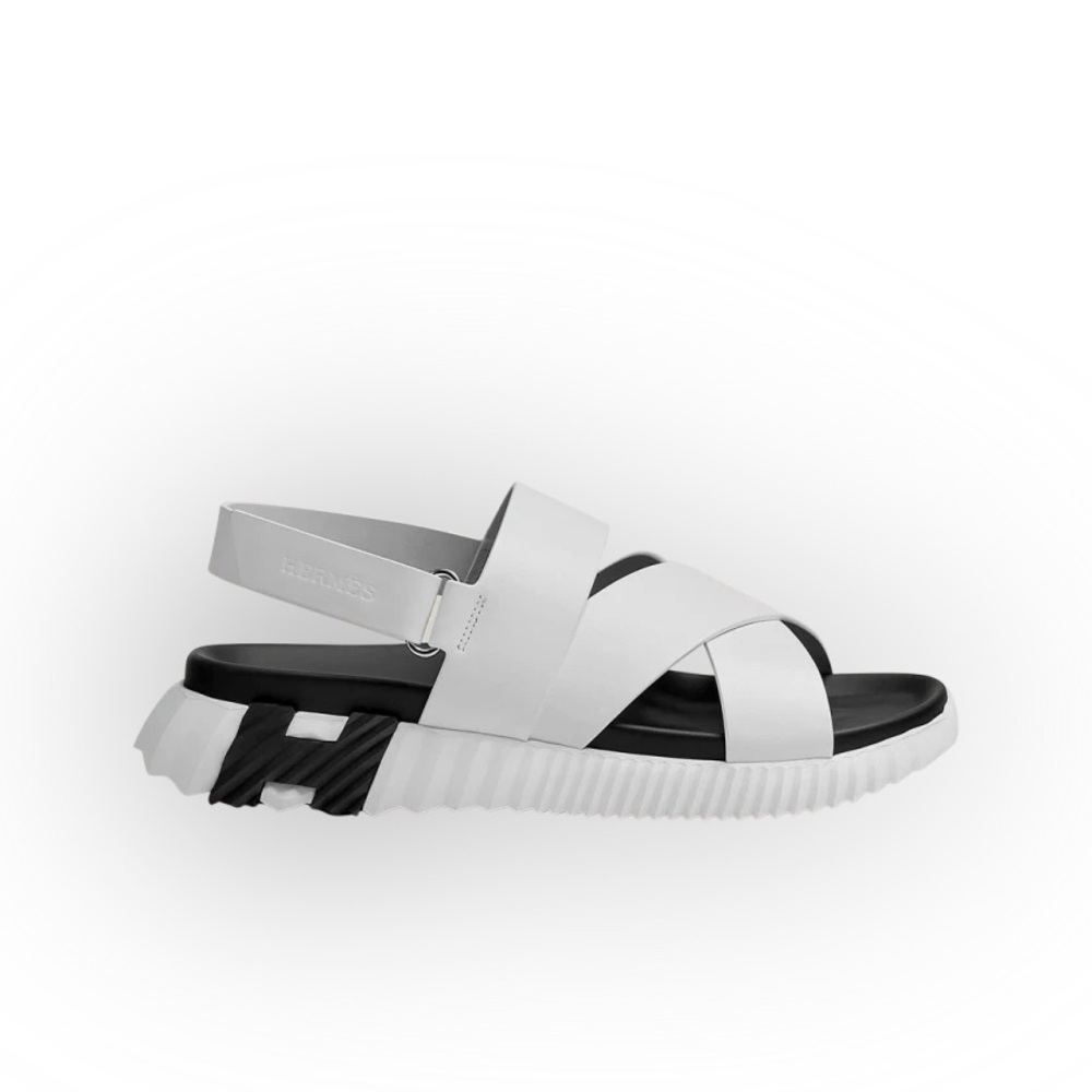 Hermes White and Black Cross-Strap Platform Slingback Sandal